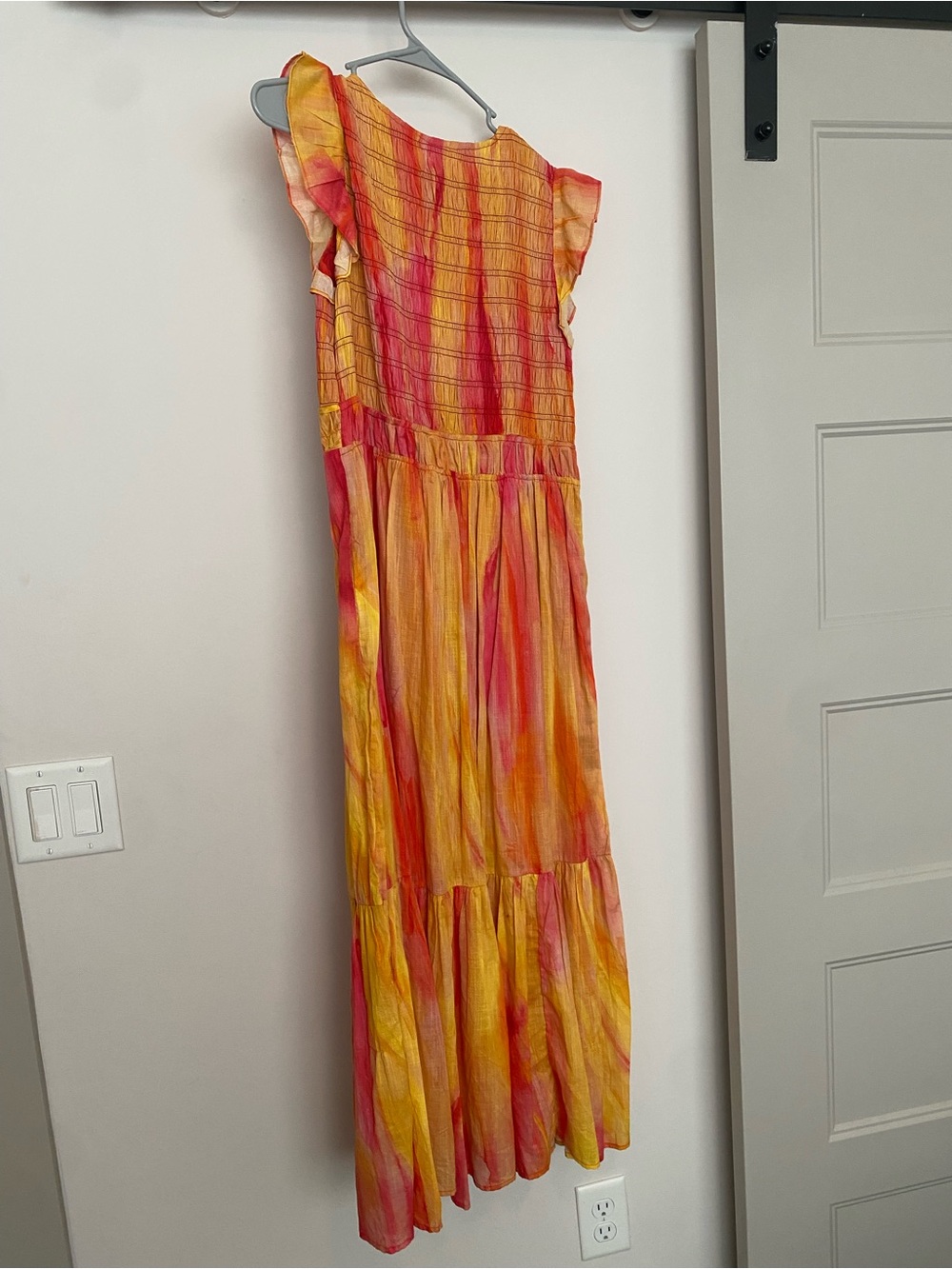Anthropologie Smocked Maxi Dress | M | Watercolor Pink & Orange | Flutter Sleeve - Picture 2 of 2
